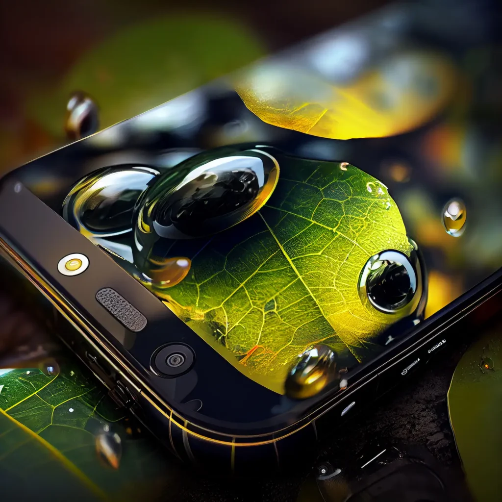 smartphone with close up wet green leaf with dew generative ai