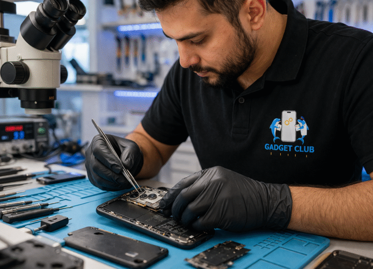 Focused smartphone repair in workshop