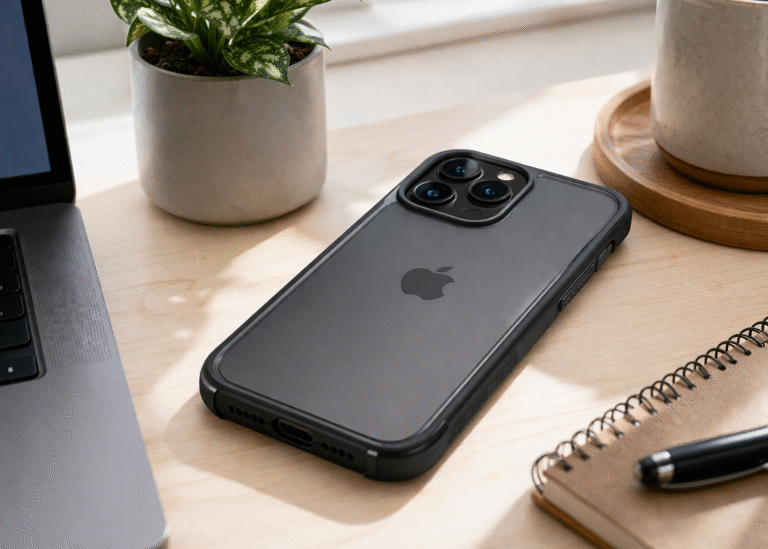 Minimalist desk with smartphone focal point